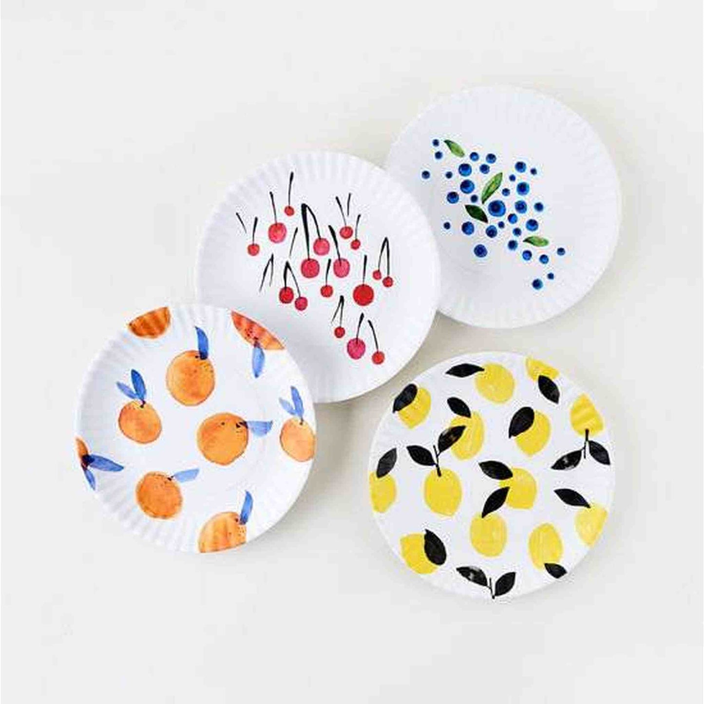 Set of 4 fruit assorted melamine dinner plates with orange, cherry, blueberry, and lemon designs, 9-inch dishwasher safe plates