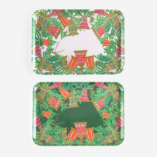 Christmas Bells rectangular melamine tray with festive jingling bell and greenery design, 9x13 inches, two styles available