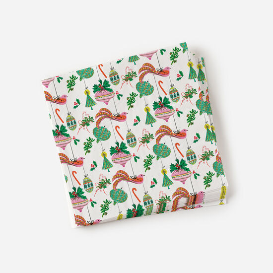 Festive Bird and Ornaments Napkin with colorful holiday birds and ornaments, 7.75 inch paper napkin for Christmas tablescape