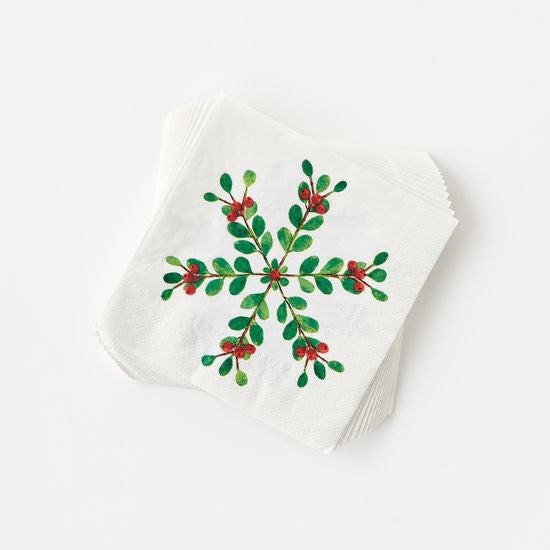 Botanical Christmas napkin with green leaves and red berries festive design