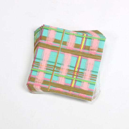 Plaid holiday napkin with green, pink, and brown plaid pattern, 20-pack paper napkins, 6.5 inch square