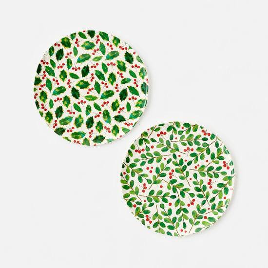 Two Botanical Holiday Platters with green leaves and red berry designs on white sturdy melamine, 14.5-inch diameter each