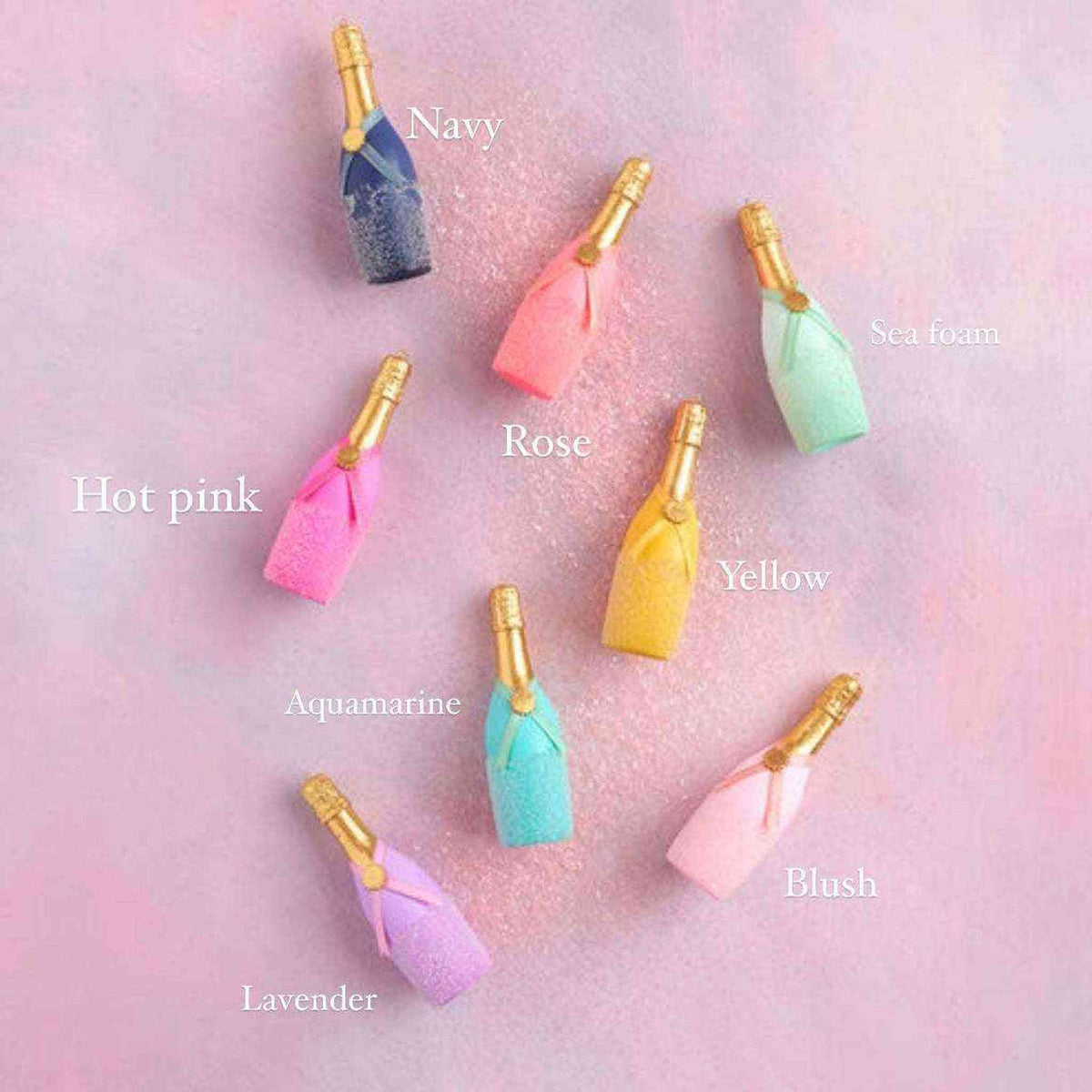 
                  
                    Assorted colorful 5.5-inch champagne ornament bottles in nine hues for holiday tree decoration
                  
                
