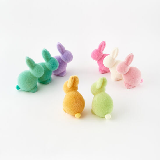 7" Pastel Flocked Bunnies with Pom Pom Tails - Curated Home Decor