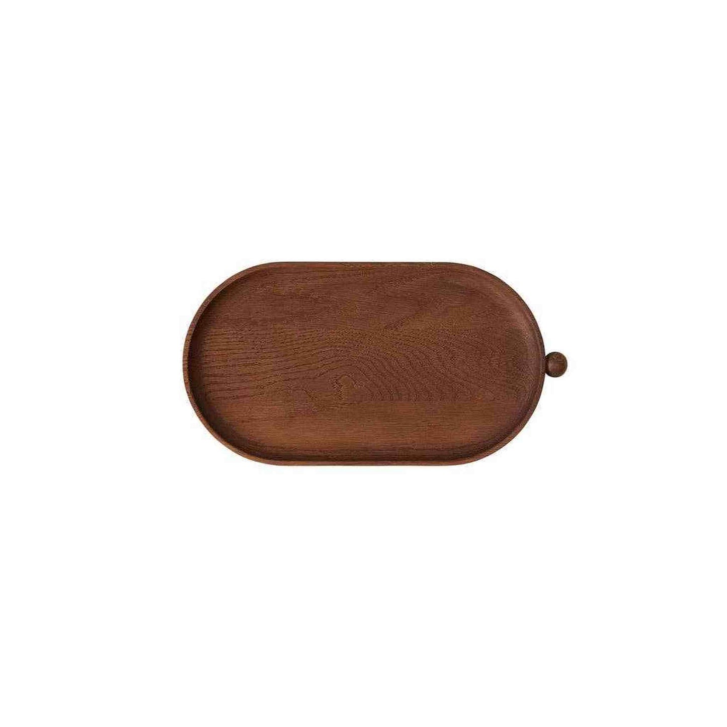 Sculpted oval walnut tray with rounded edge and peg handle made of oak, measuring 13.46" x 7.09" x 0.91"
