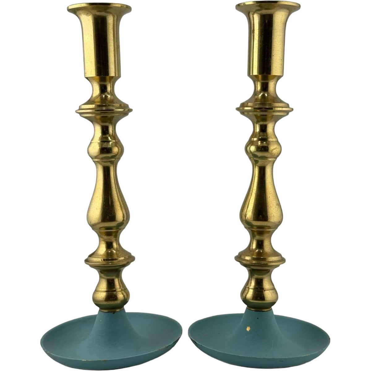 Vintage Brass & Teal Candlesticks — Pair - Curated Home Decor