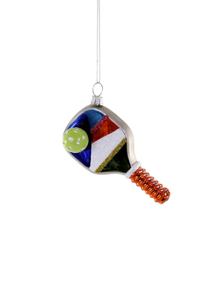 Colorful pickleball paddle and ball ornament hanging decoration 4x2.5 inches