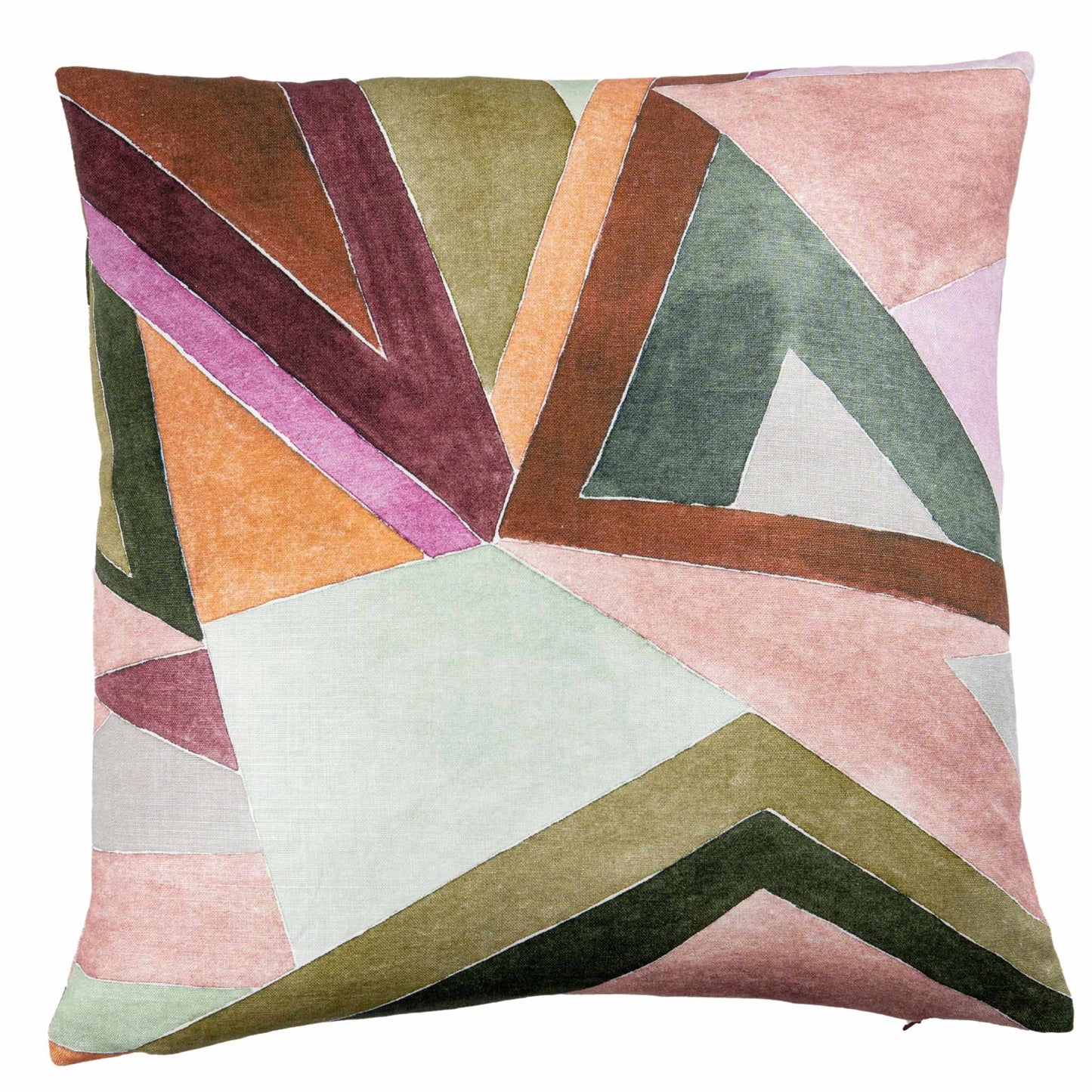 Kathryn RoseLeaf Pillow 22x22 with geometric berry, rust, rose, leaf, and sage linen design, feather and down fill, crafted in USA