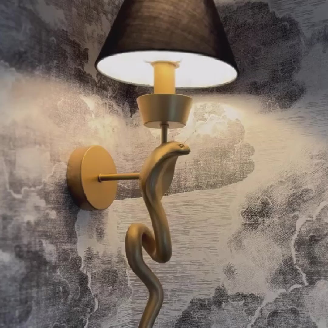 Antique Gold Snake Wall Light Sconce Black Linen Shade