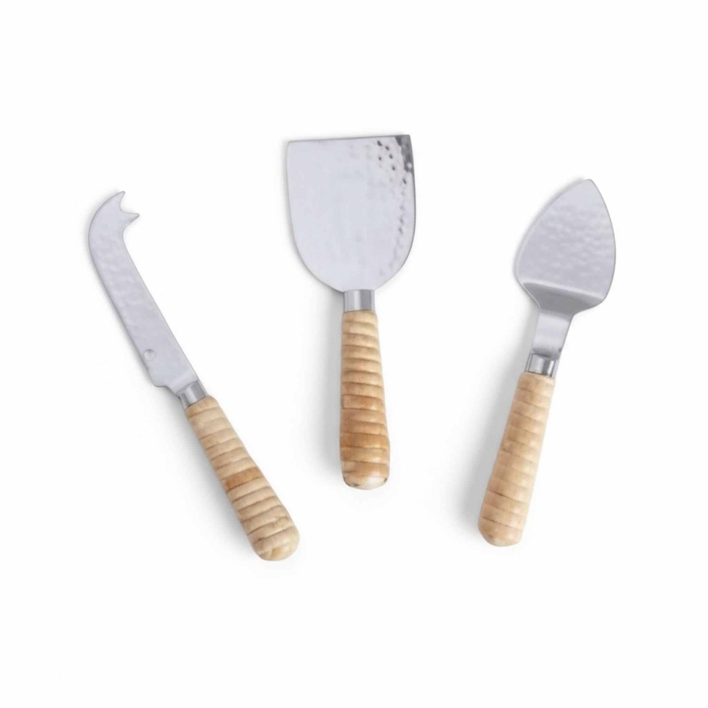 Set of 3 stainless steel cheese knives with rattan wrapped handles for soft, semi-hard, and hard cheeses