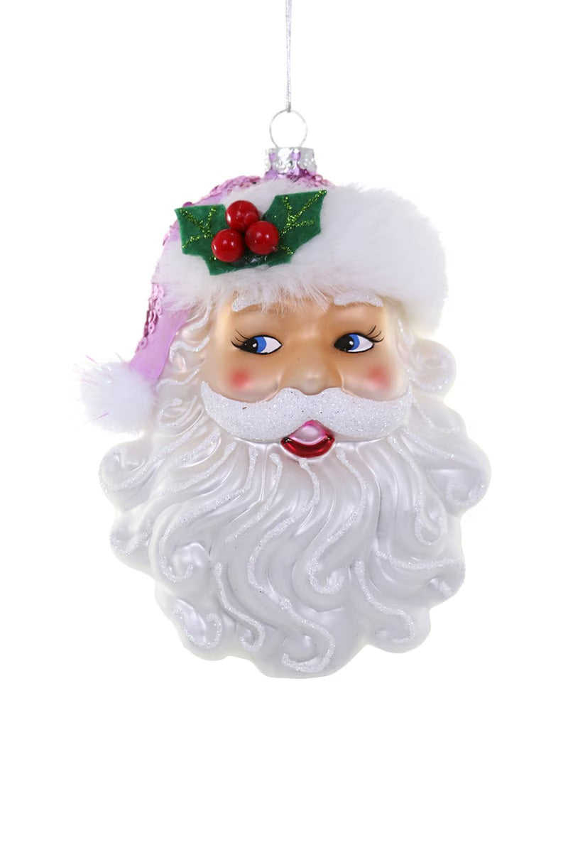 Retro Pink Santa glass ornament with vintage Santa face and pink hat with holly decoration
