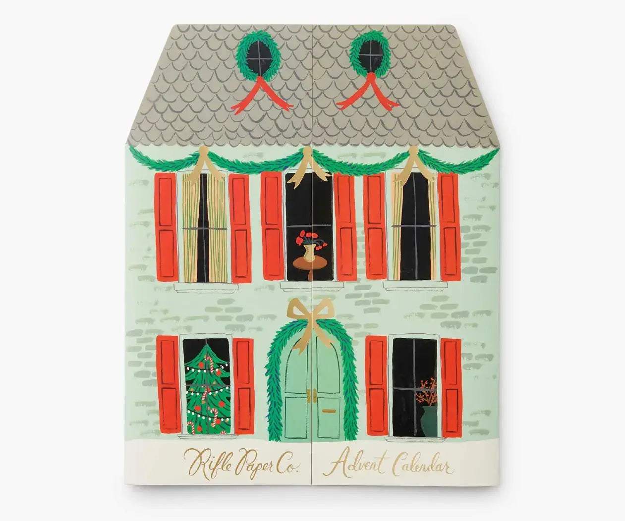 Night Before Christmas advent calendar shaped like a festive house with red shutters and green wreaths