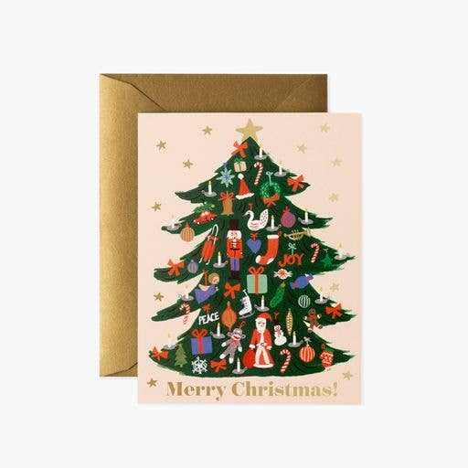 Trimmed Tree Card with festive decorated Christmas tree and metallic gold foil envelope for holiday greetings