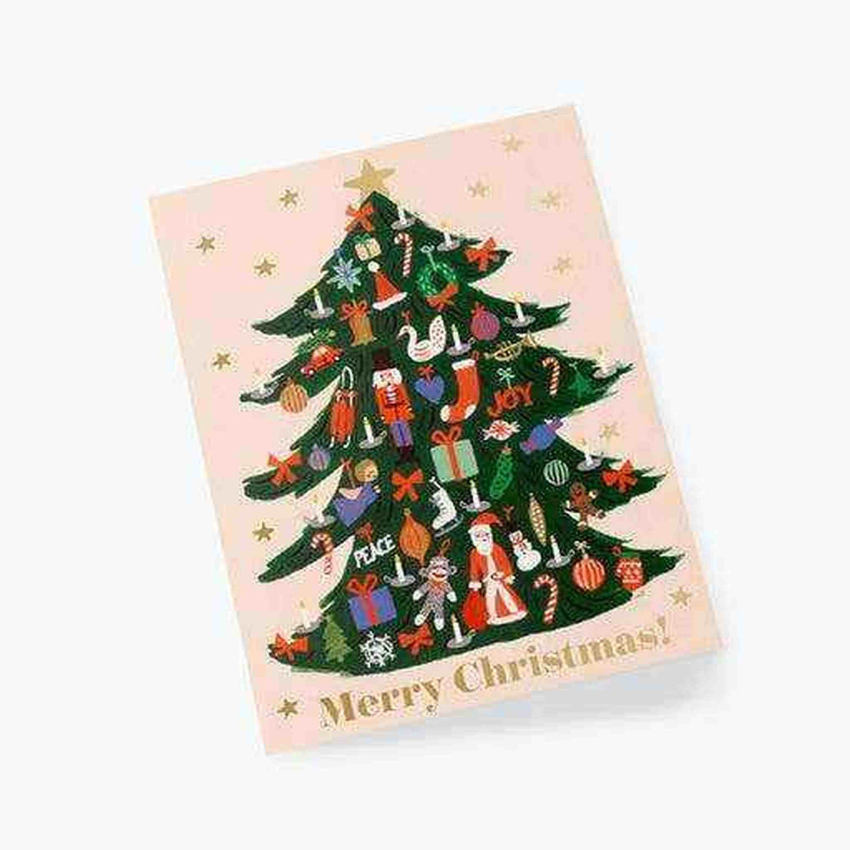 Holiday greeting card with metallic gold trimmed tree and blank interior