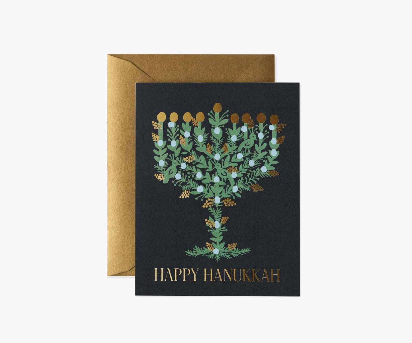 Laurel Menorah card with green foliage design and metallic gold foil on black background with gold envelope and "Happy Hanukkah" text