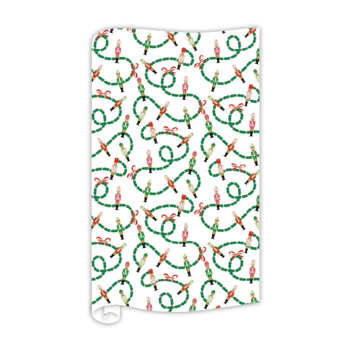 Nutcracker Garland wrapping paper roll 8ft with festive nutcracker and green garland design