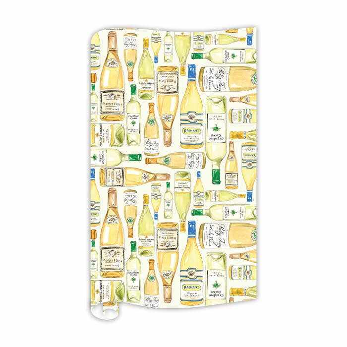 Handpainted white wine bottles pattern wrapping paper roll with various bottle illustrations in yellow and green tones