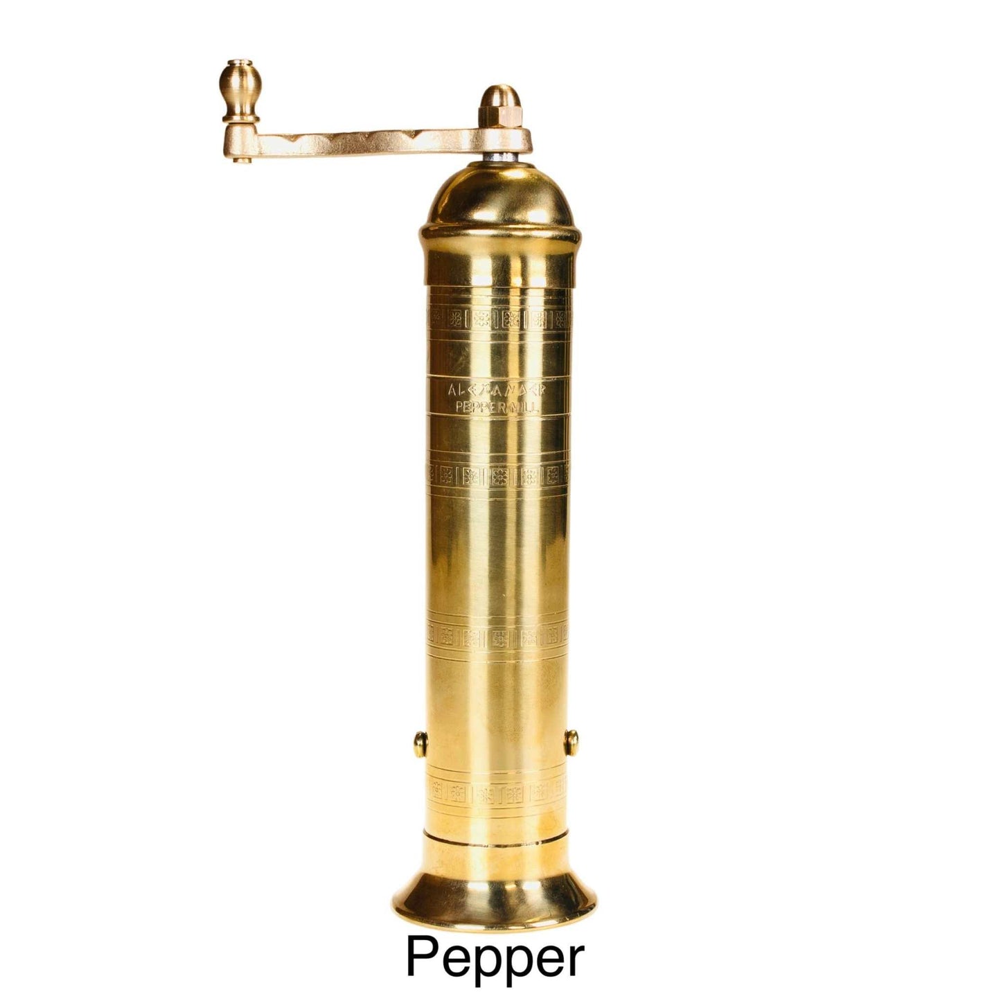 9" Brass Mill pepper grinder made of solid brass with a manual crank and efficient grinding mechanism