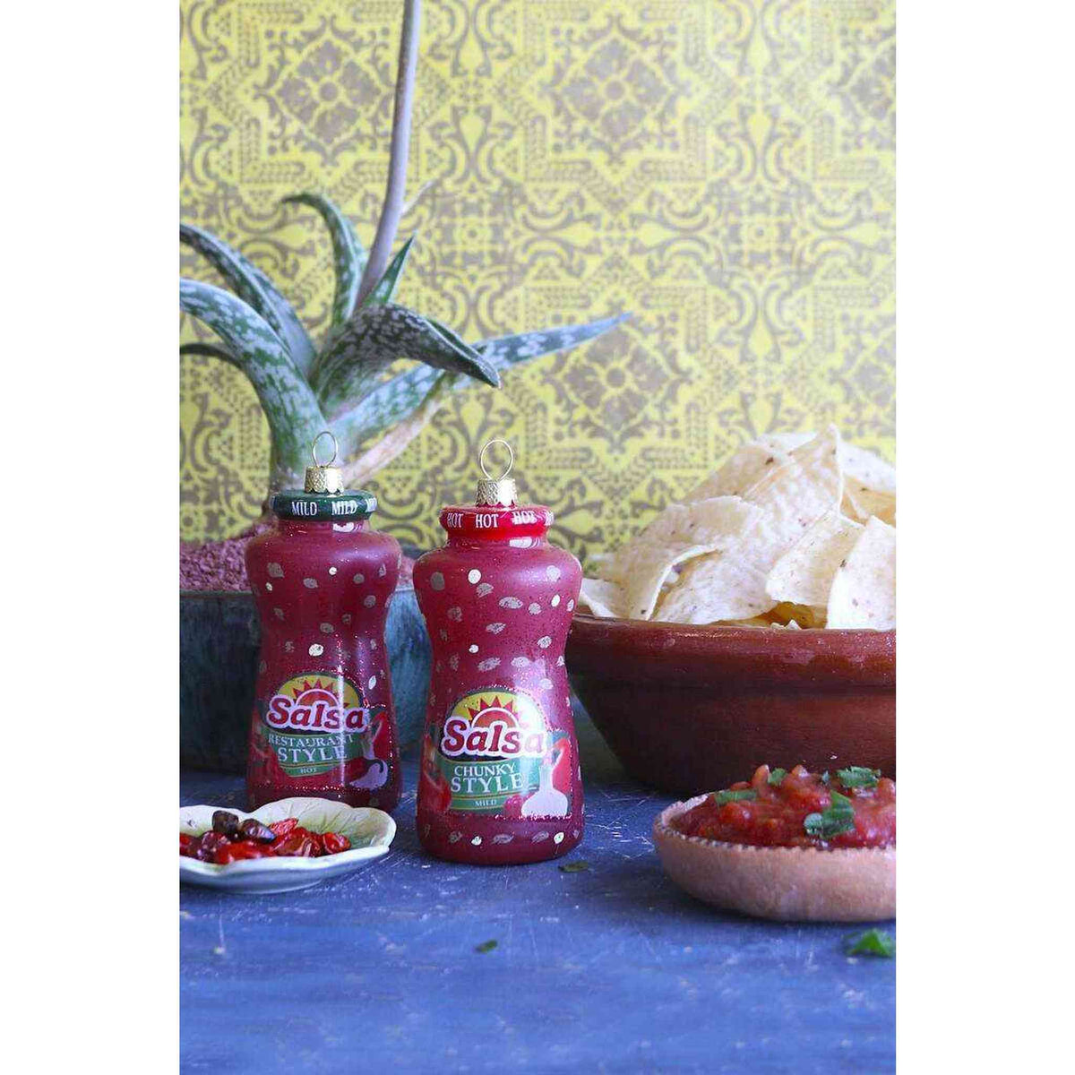 
                  
                    Hand-painted Cody Foster & Salsa ornament Chunky Mild glass bottle Christmas decoration with Mexican food theme
                  
                