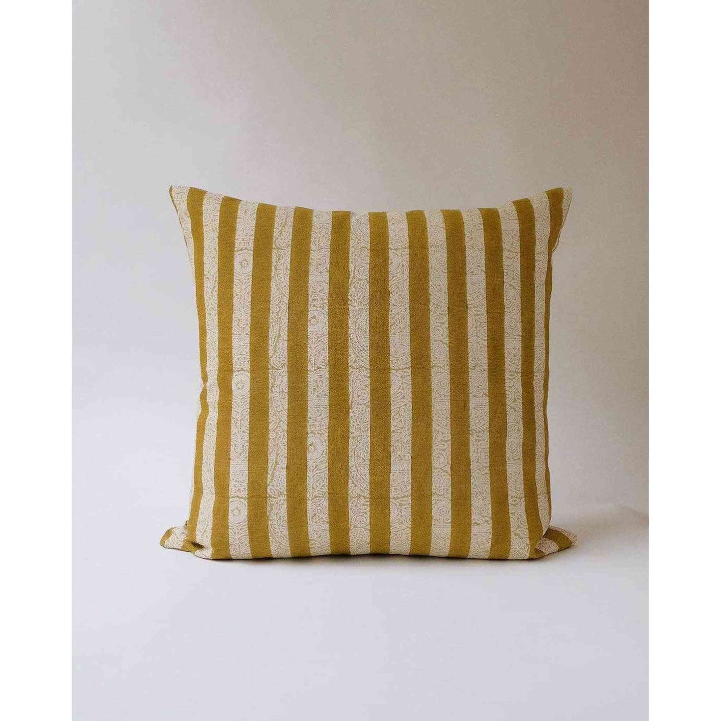 
                  
                    Khaki sage hand block-printed linen pillowcase with striped design from The Thar Edit collection
                  
                