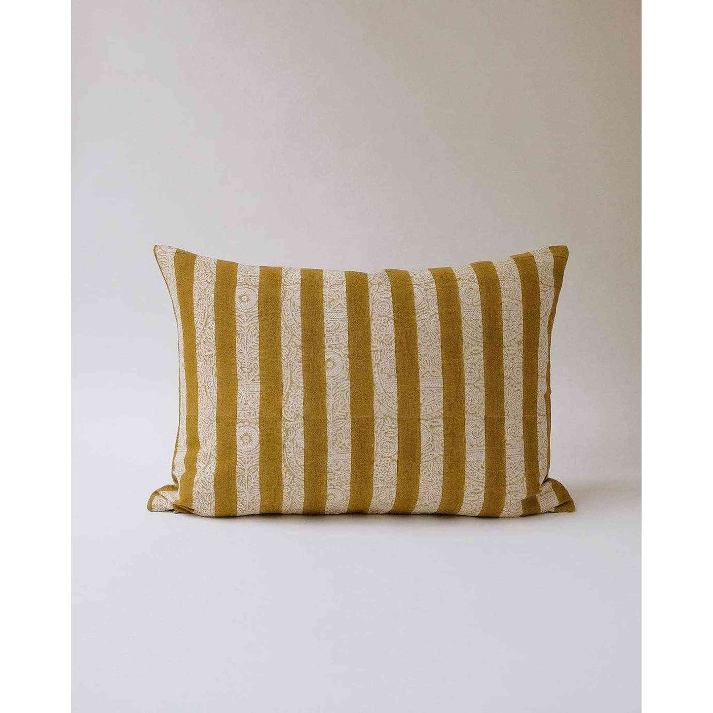 
                  
                    Khaki sage hand block-printed linen pillowcase with striped design from The Thar Edit collection
                  
                
