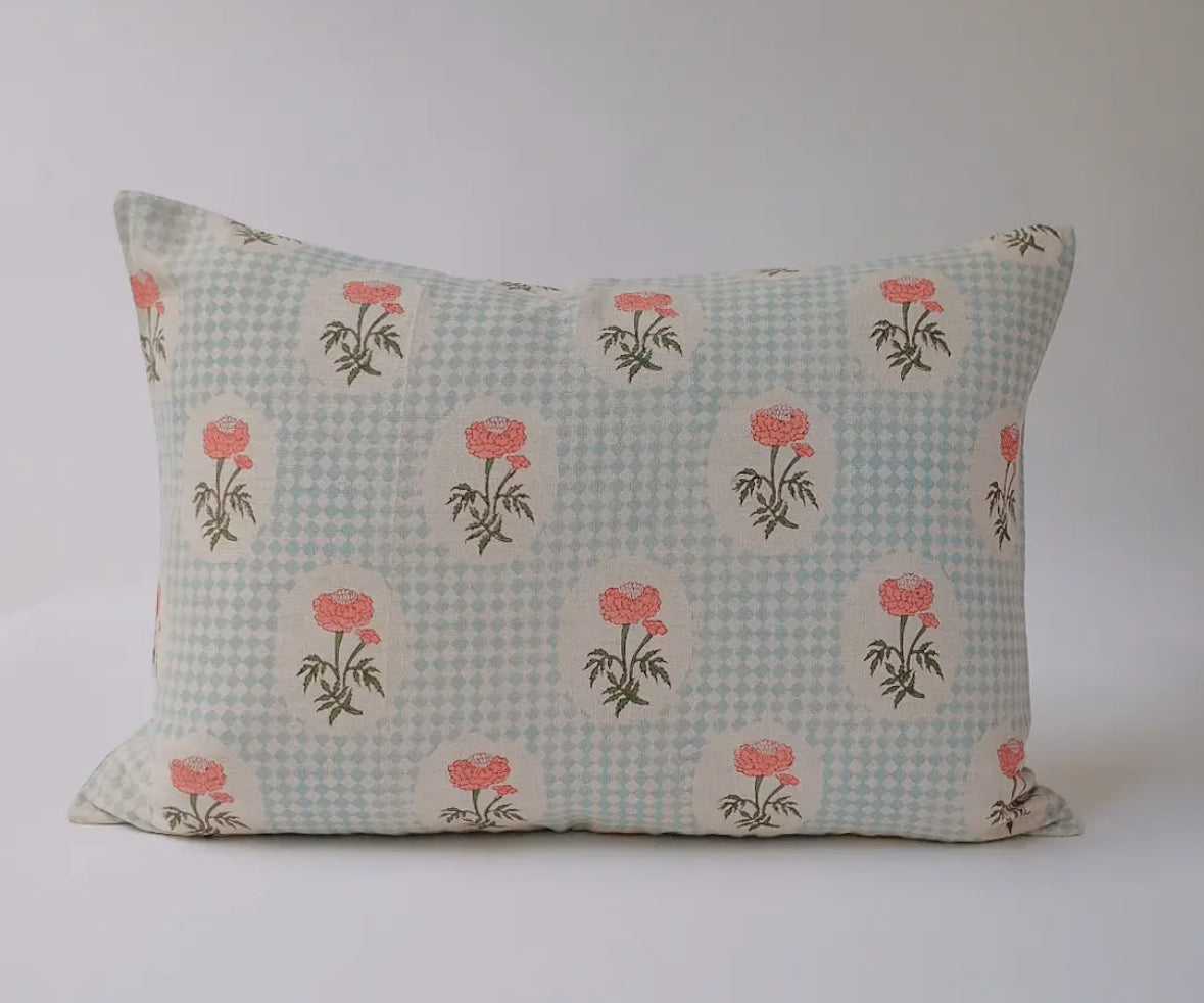 Linen Hand Block-Printed Pillowcase in Sky Blue - Curated Home Decor