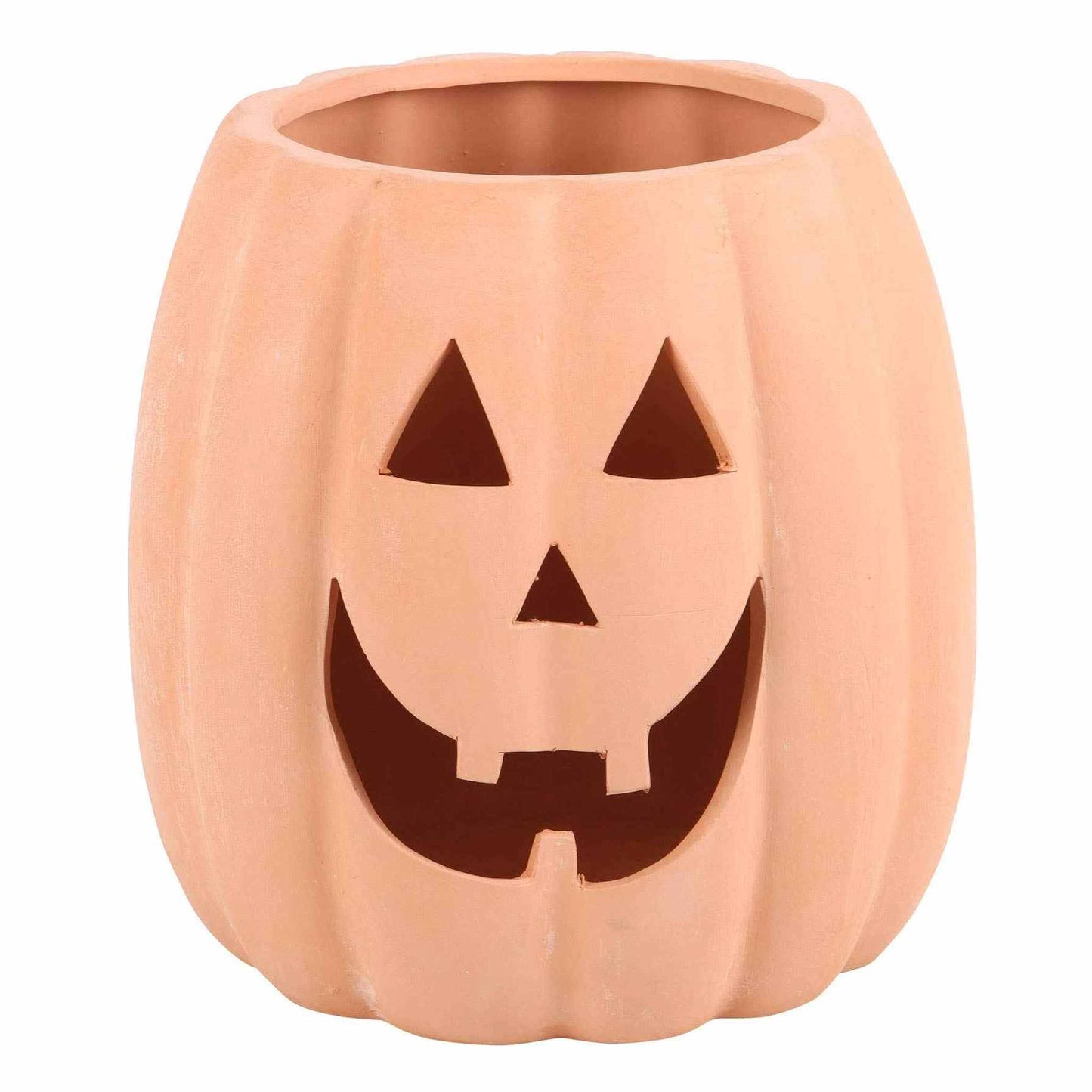 
                  
                    Terracotta cut out Halloween pumpkin decoration with jack-o'-lantern face and open top for candle or flowers
                  
                
