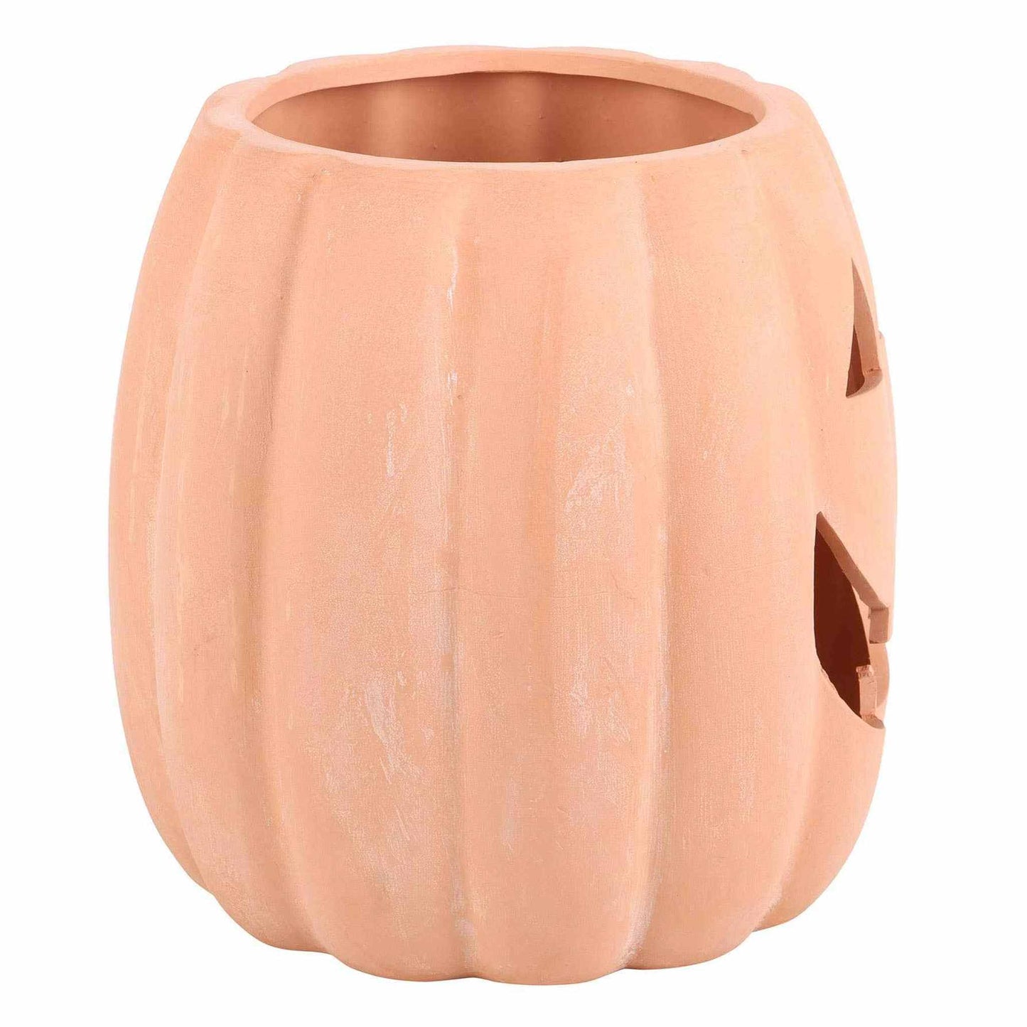 Terracotta cut out Halloween pumpkin decoration with jack-o'-lantern face for candles or flowers