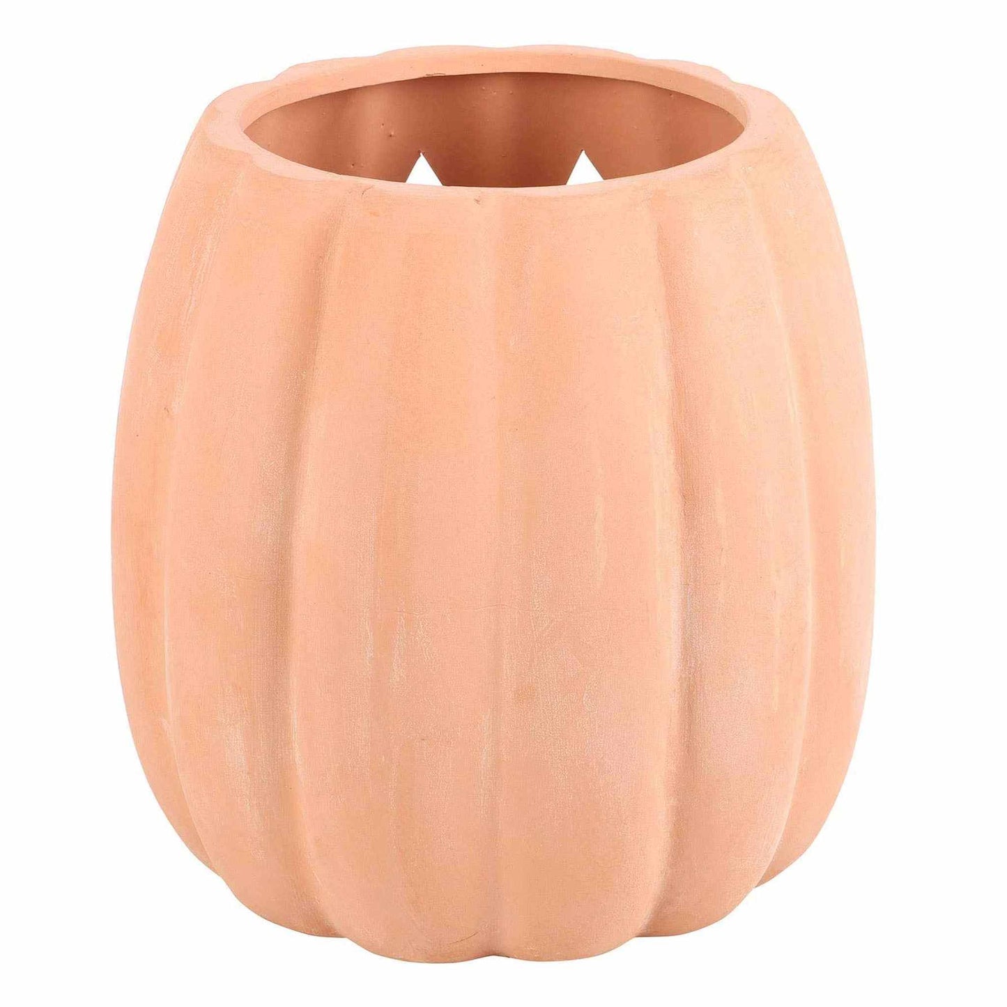 
                  
                    Terracotta cut out Halloween pumpkin decoration with jack-o'-lantern face, 25cm, for battery candle or autumn flowers.
                  
                