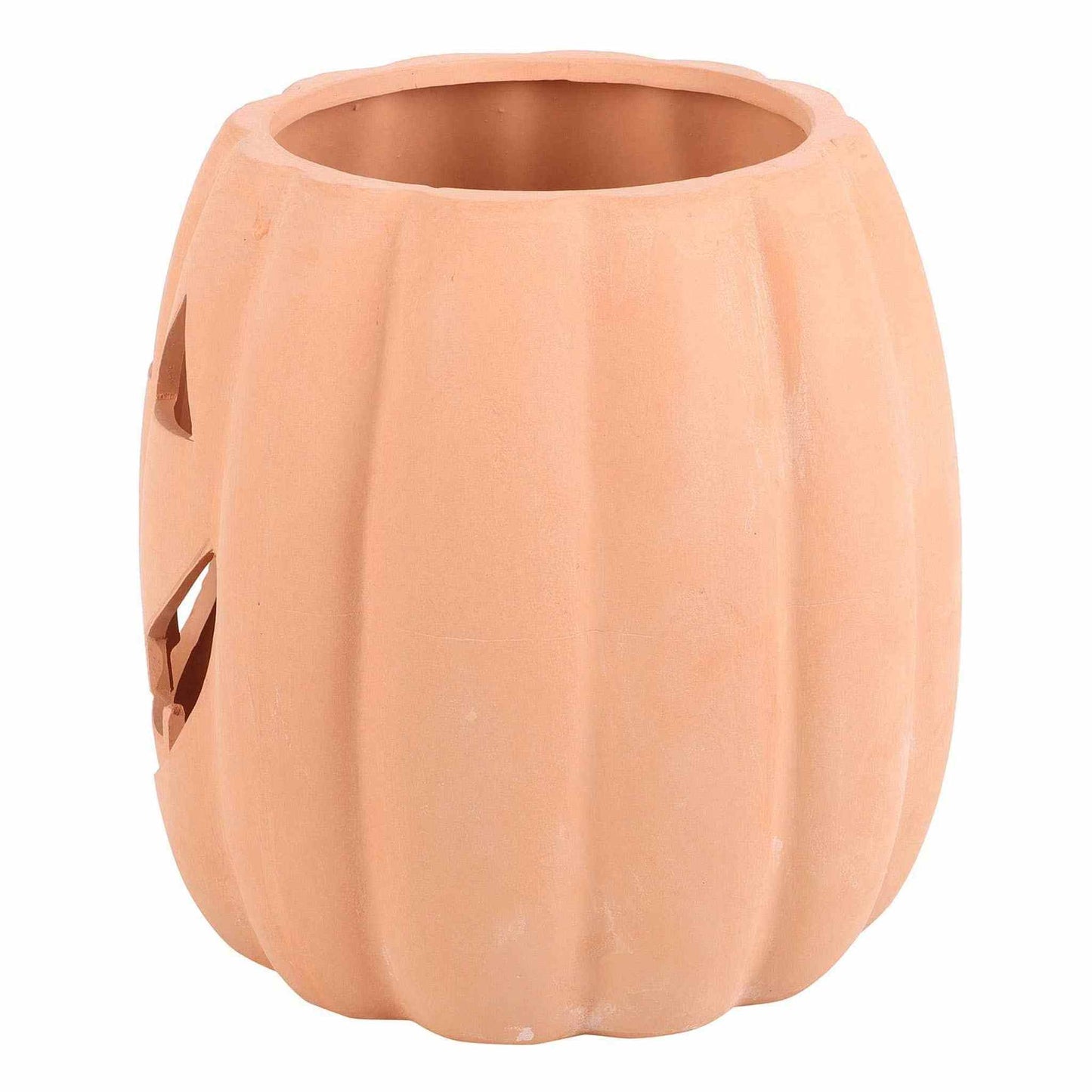 
                  
                    Terracotta cut out Halloween pumpkin decoration with jack-o'-lantern face and hollow interior for candles or flowers
                  
                