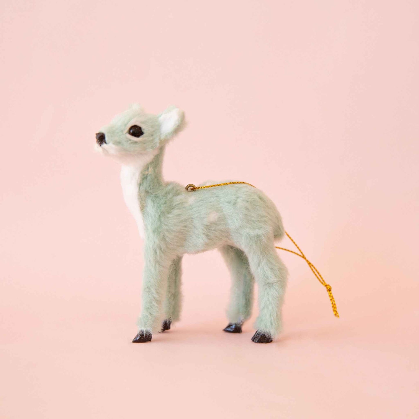 Mint Doe Fur Reindeer Ornament holiday tree decoration in mint green with soft fur and gold hanging string