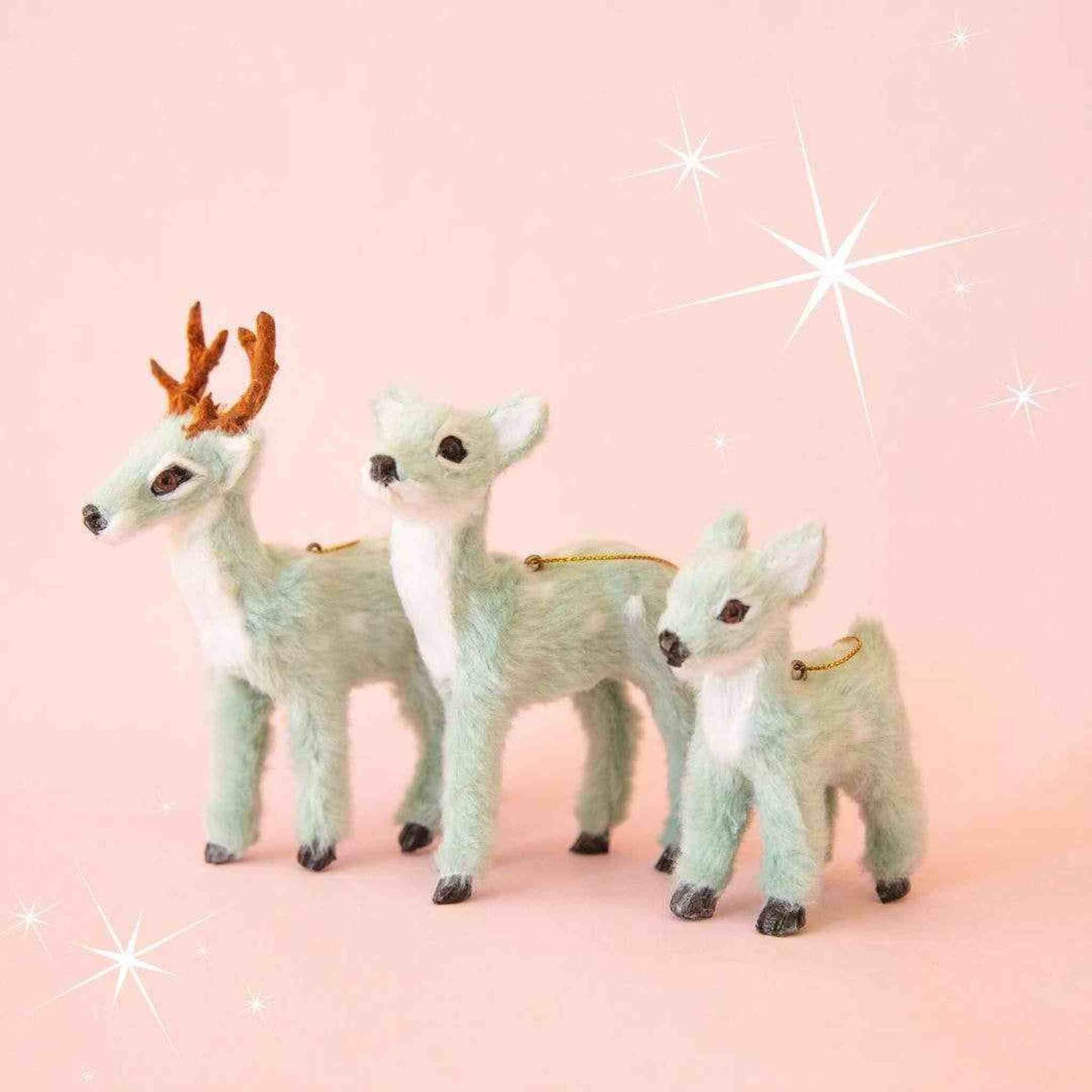 Mint Doe Fur Reindeer Ornament for holiday decoration in soft green fur with white accents