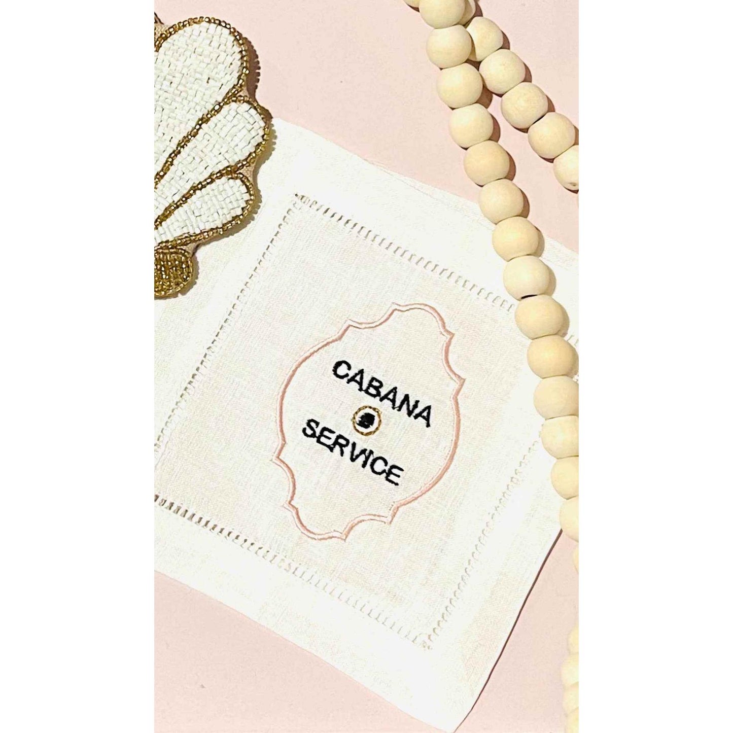 Set of 4 white linen Cabana Service embroidered cocktail napkins with hemstitched, mitered corners, 6x6 inches