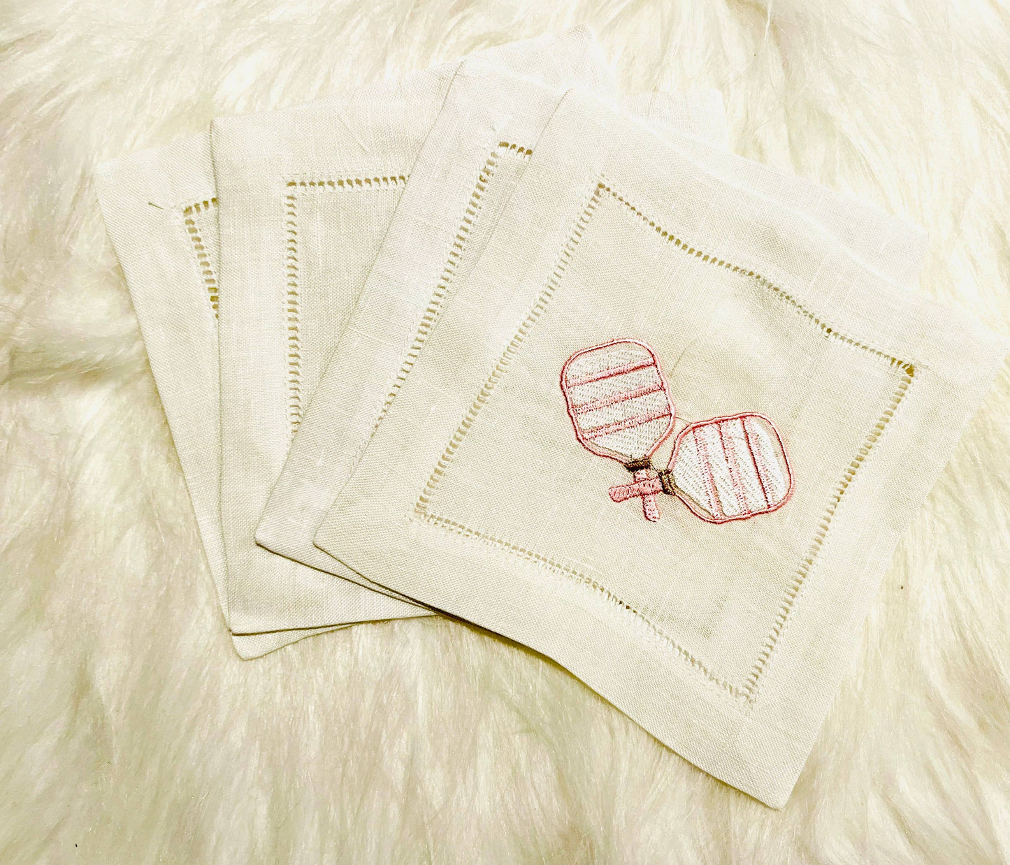 Pink and White Pickleball Embroidered Cocktail Napkins  - Curated Home Decor