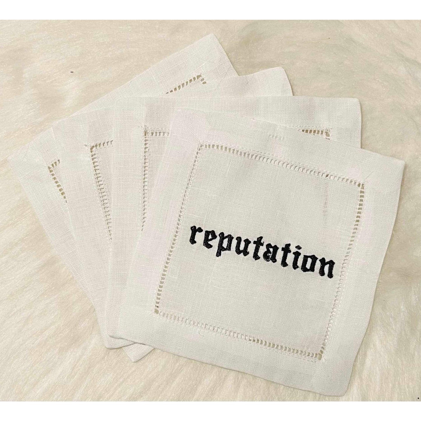 Set of 4 Taylor Swift Reputation Embroidered Cocktail Napkins   - Curated Home Decor