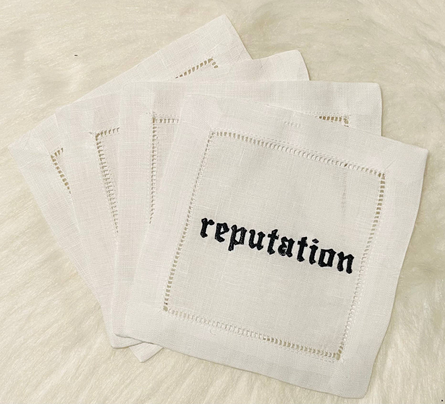 Set of 4 Taylor Swift Reputation Embroidered Cocktail Napkins   - Curated Home Decor