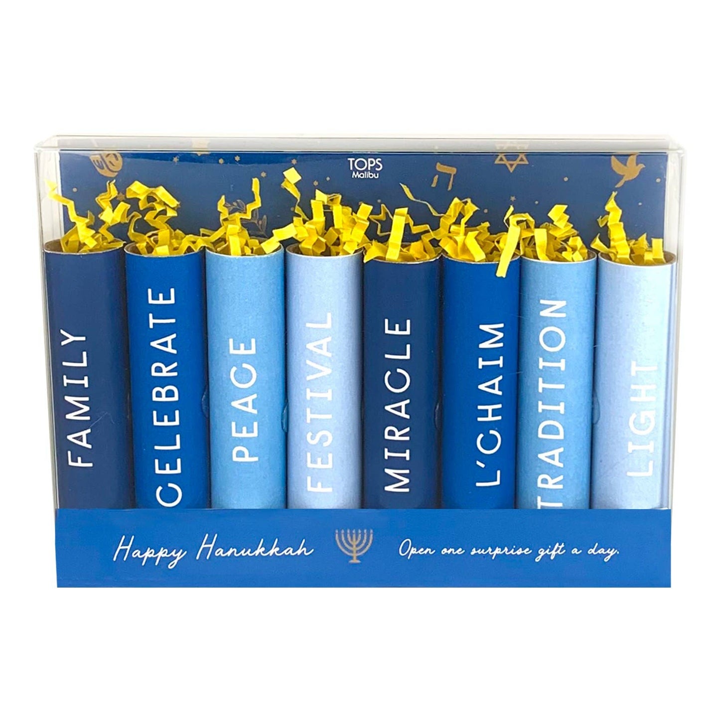 Eight Days of Hanukkah Suprises blue gift tubes with yellow paper and holiday words for daily celebration and peace