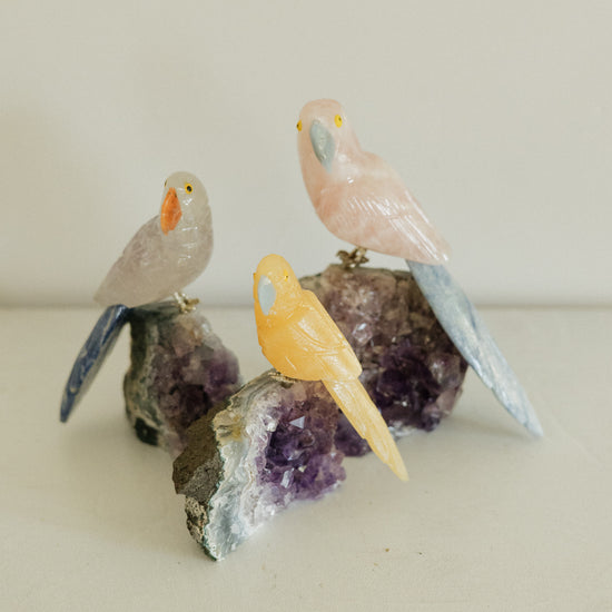 Handcarved Quartz Stone Bird on Amethyst - Curated Home Decor
