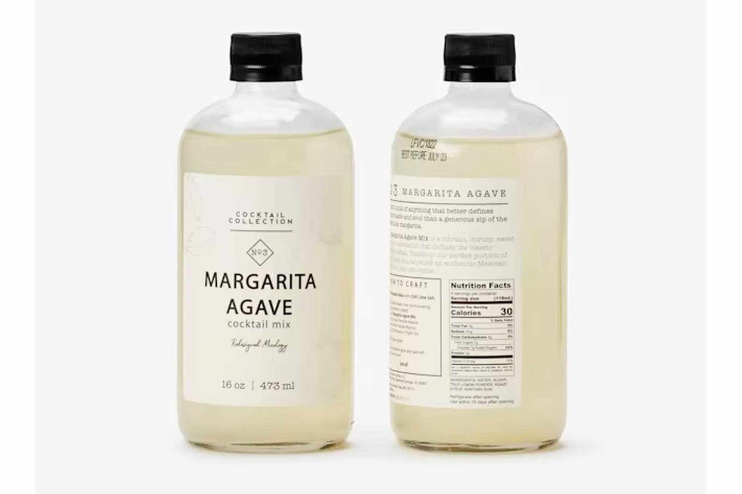 Two 16 oz bottles of Margarita Agave Mixer cocktail mix with black caps and clear labels showing nutrition and crafting information
