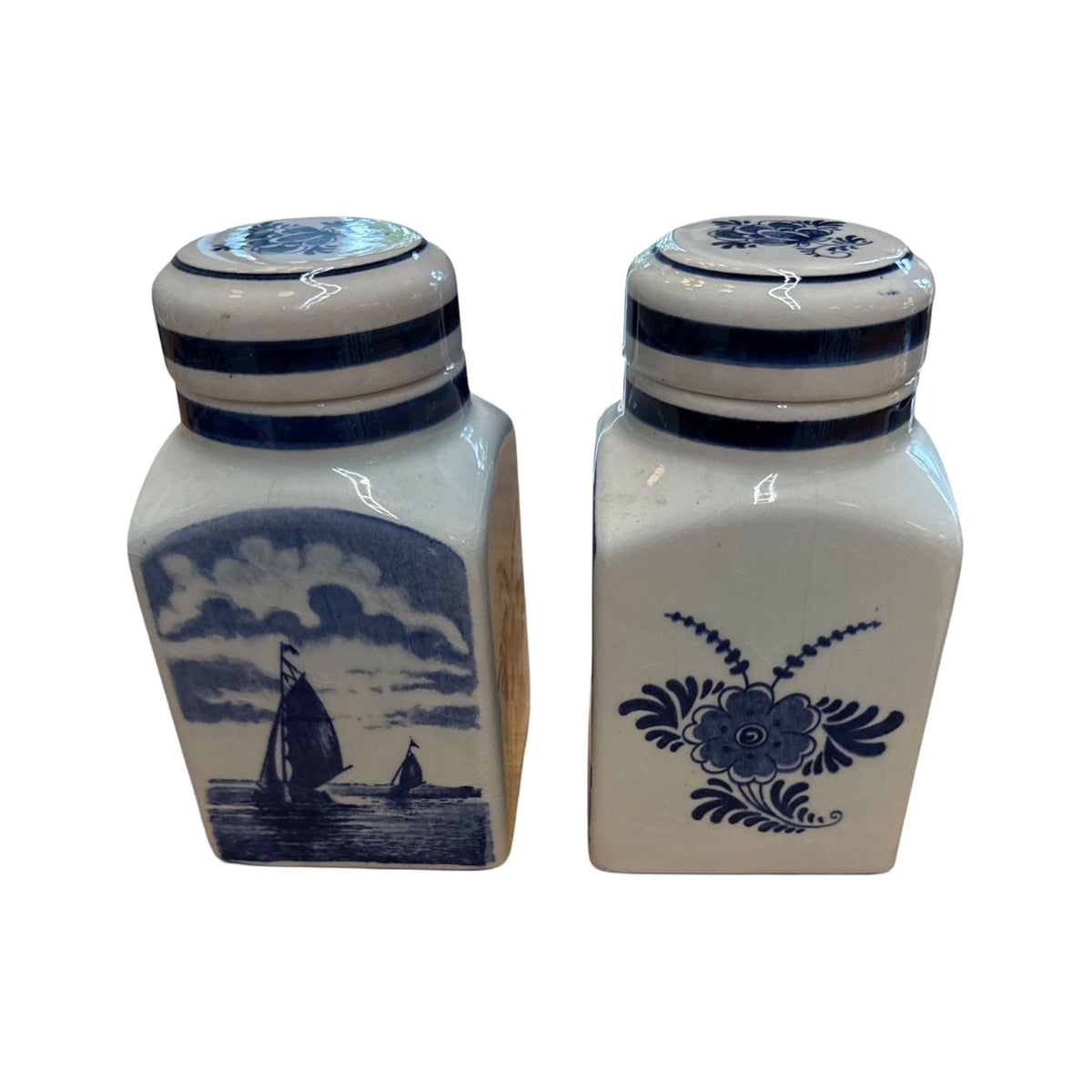 Vintage Delft Blue Lidded Porcelain Jars — Pair - Curated Home Decor