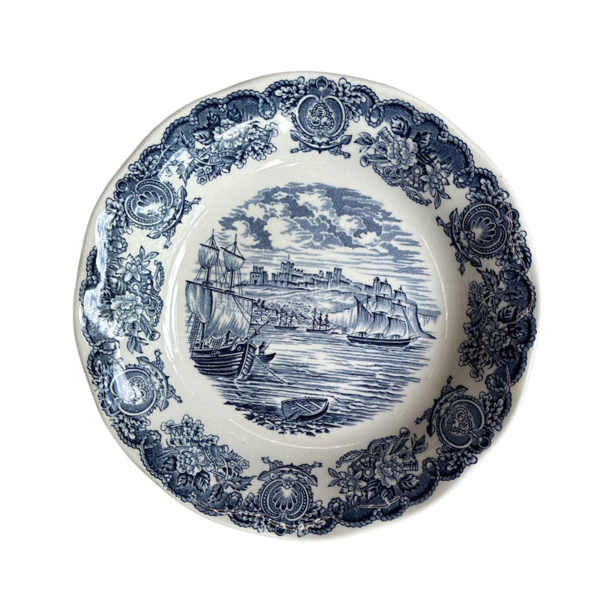 Vintage Historic Ports of England Blue Transferware Dessert Bowl - Curated Home Decor