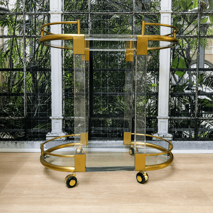 Vintage 1970s Brass & Lucite Oval Bar Cart