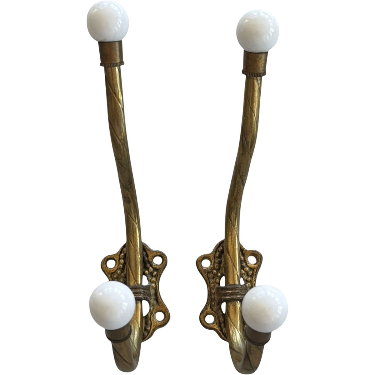 Vintage Brass & Porcelain Wall Hooks — Pair - Curated Home Decor