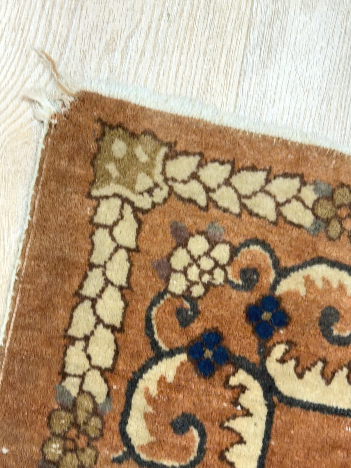 
                  
                    Close-up of vintage Turkish rug border, corner and fringe condition
                  
                