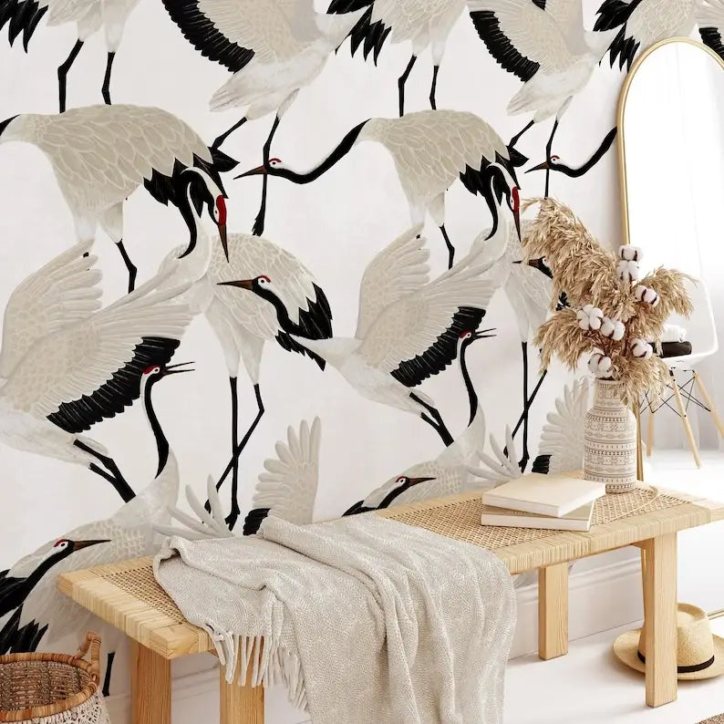 White Heron Print Wallpaper
