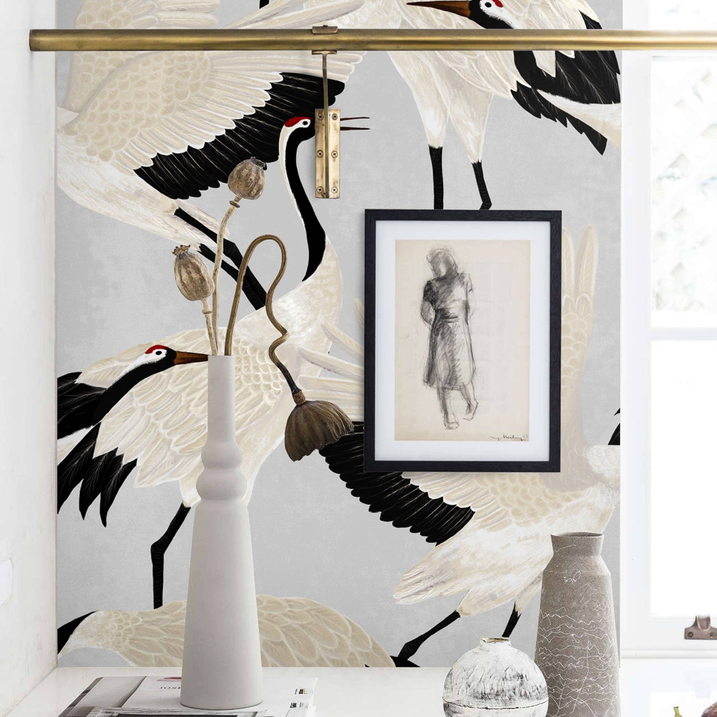 Grey Heron Asian Wallpaper featuring eco-friendly paper with elegant crane design in black, white, and beige tones, made in Italy