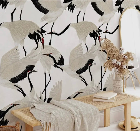 Grey Heron Asian Wallpaper - Curated Home Decor