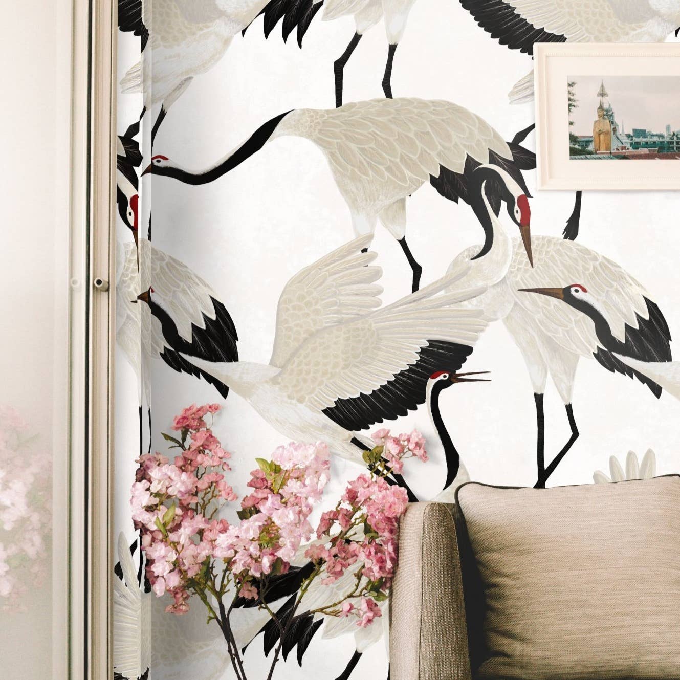 White Heron Print Wallpaper - Curated Home Decor