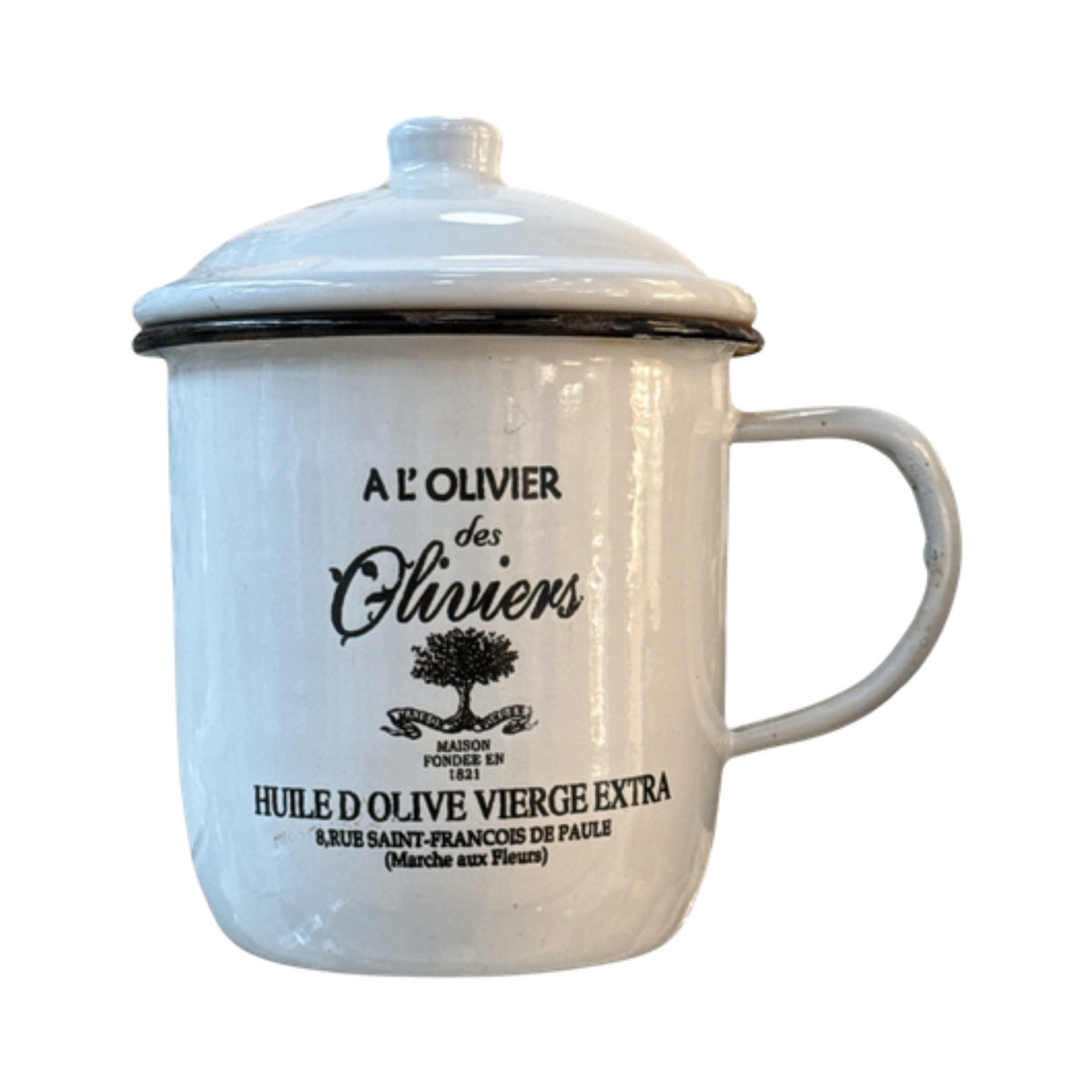 White Enamel Lidded Mug with French Olive Oil Lettering - Curated Home Decor