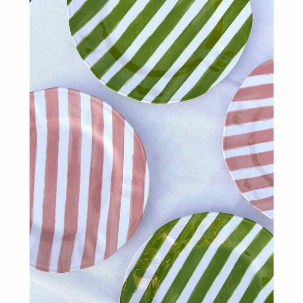 Green and Pink Striped Melamine Dinner Plates Set of 4 - Curated Home Decor